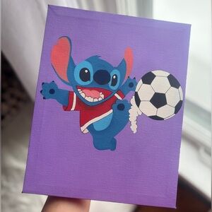 Stitch kicking a soccer ball purple background
